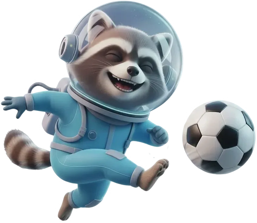 De SpaceHills-wasbeer in een ruimtepak met een voetbal
